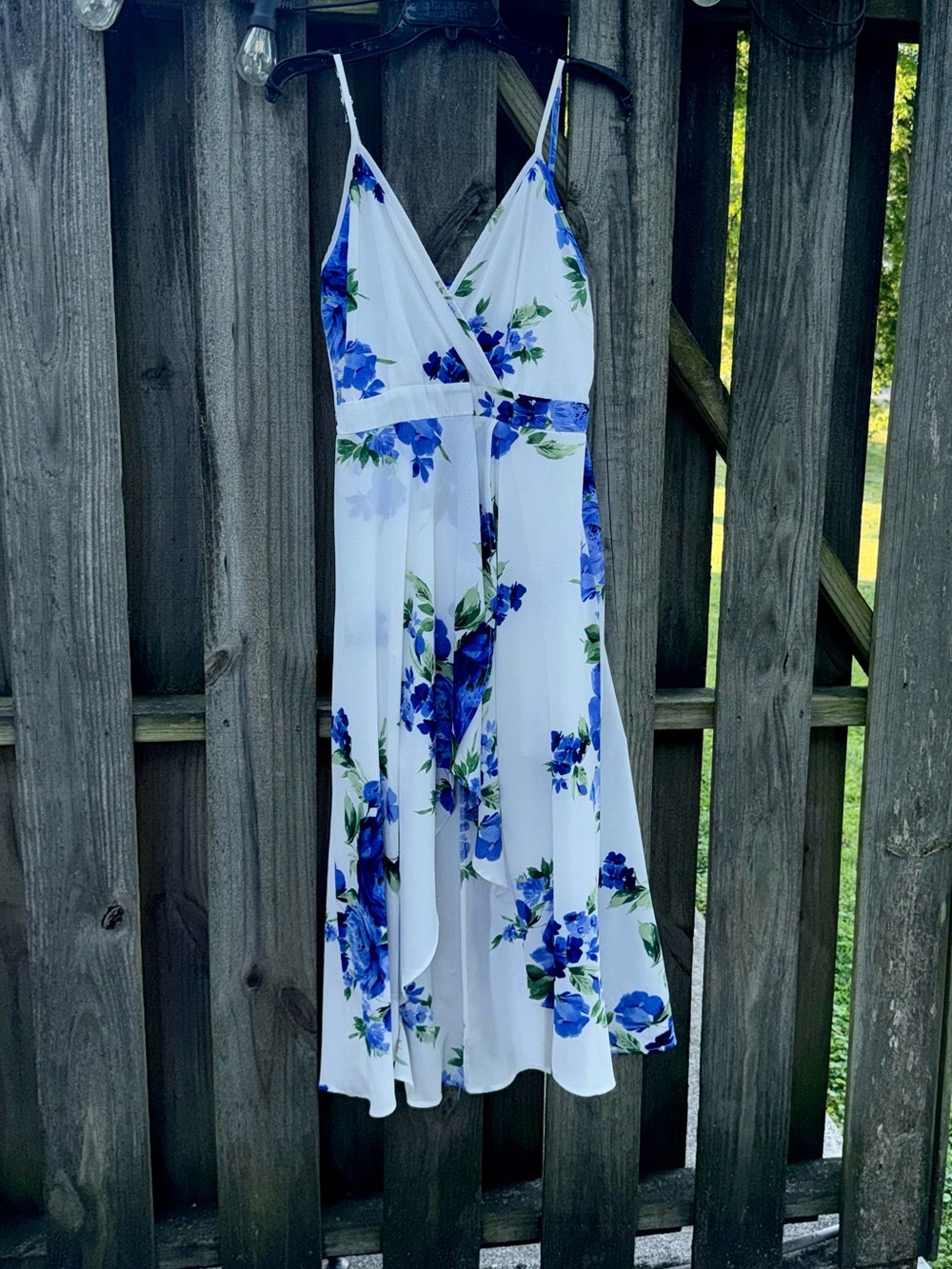 Love Squared White High Low Midi Dress with Blue Floral Print